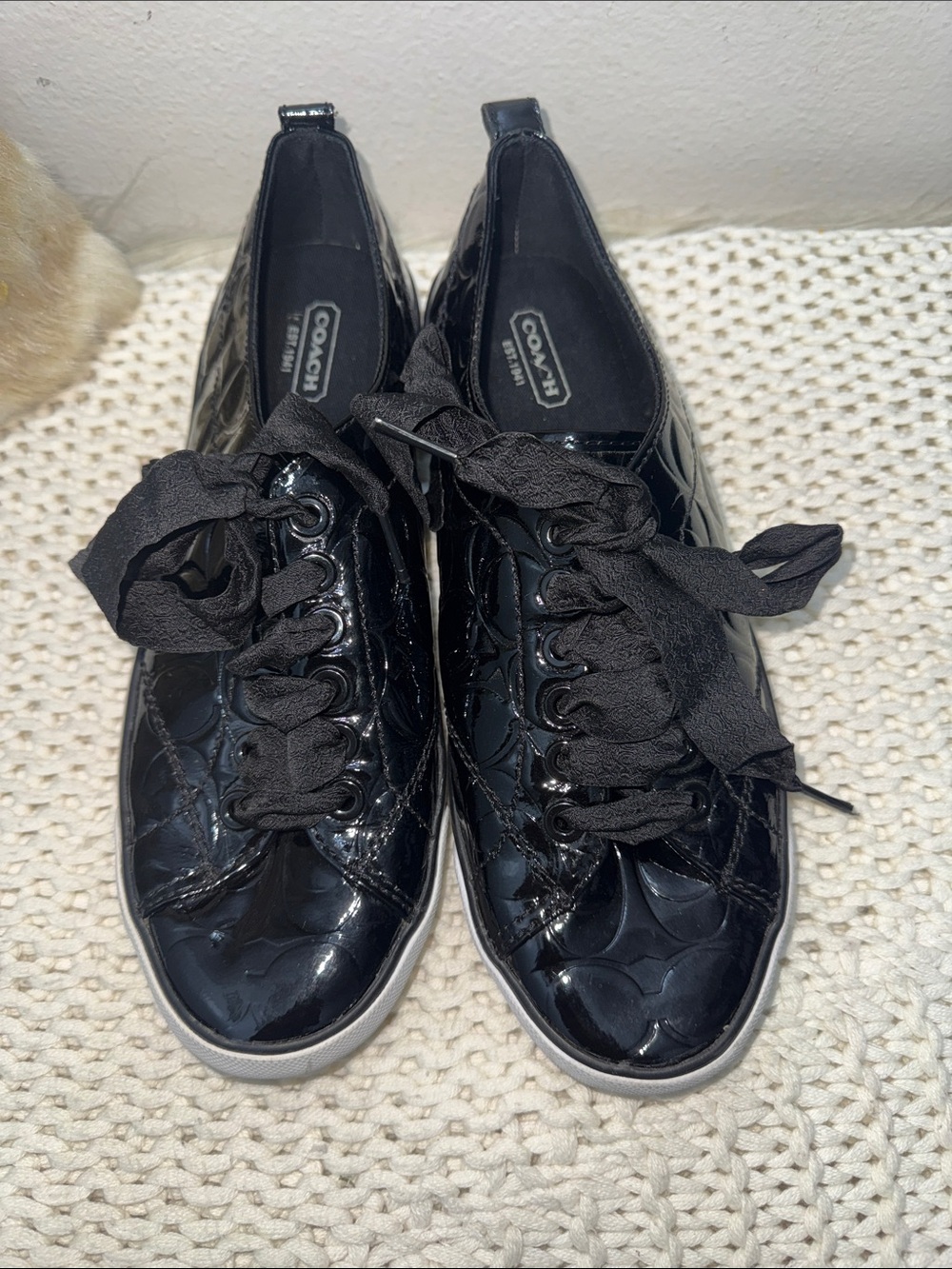 Coach Black Patent Quilted Ribbon Lace Sneakers